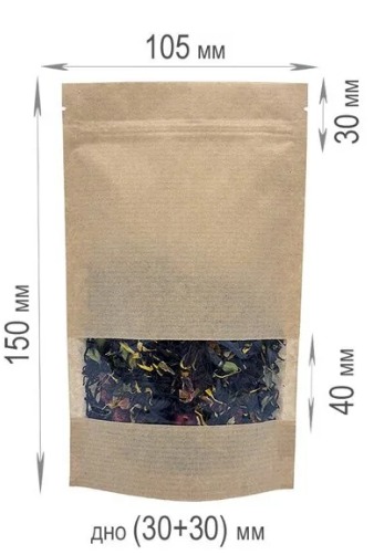 Крафт пакет дой пак с замком зип лок 105*150 мм с окном 40 мм